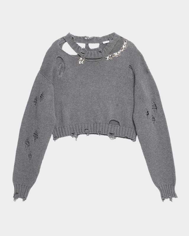 Crystal Distressed Crop Cashmere Sweater